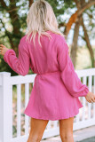 Rose Textured Buttons Long Sleeves Shirt Short Dress with Rope Tie