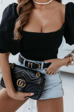 Black Square Neck Puff Sleeves Backless Crop Top with Tie
