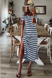 Blue Stripe Print V Neck Maxi Dress with Side Splits