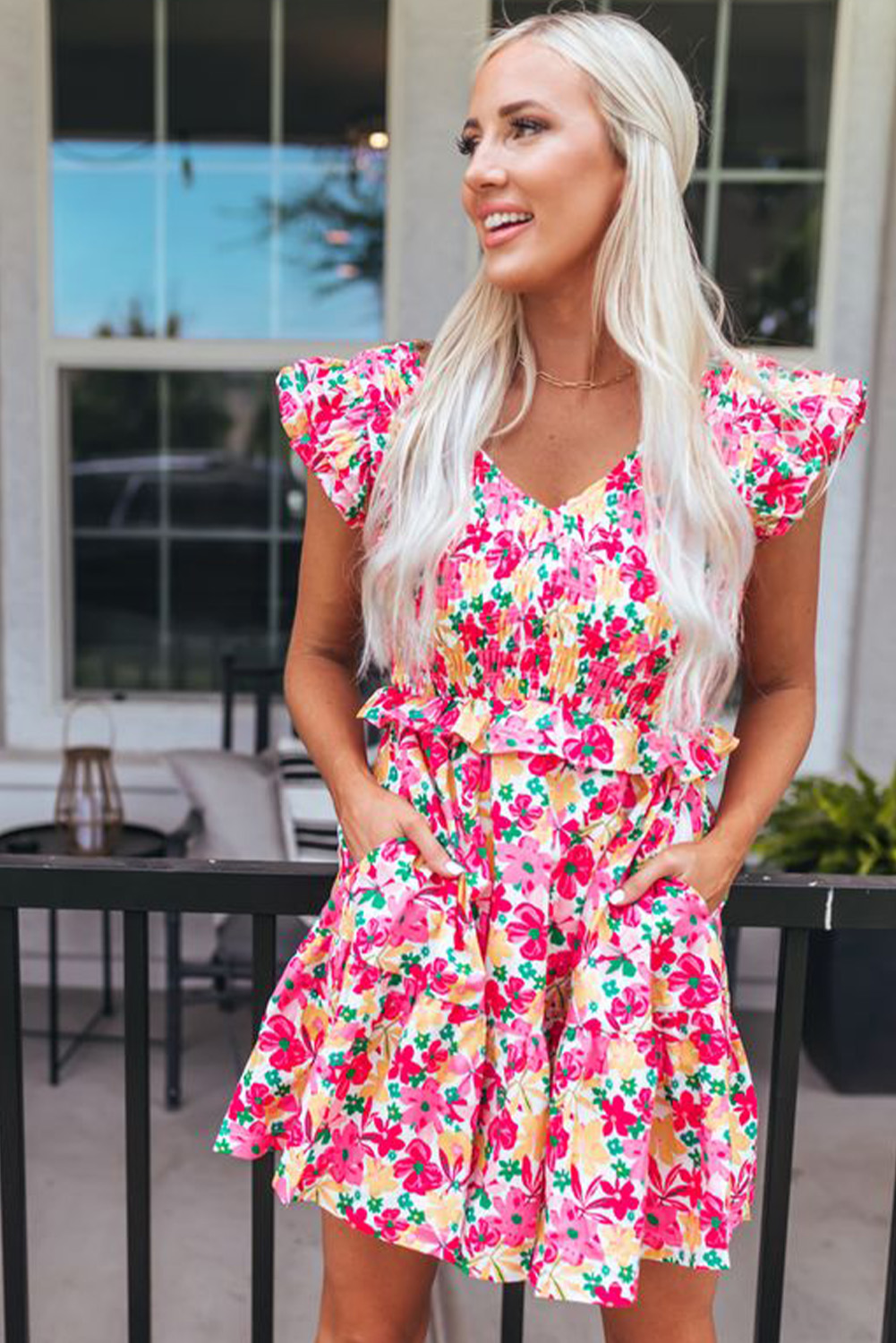 US$ 27.94 - Multicolor Smocked Bodice Ruffle Trim Floral