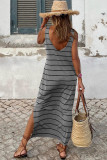 Gray Stripe Print Open Back Sleeveless Maxi Dress with Slits