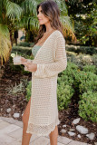 Beige Long Sleeve Fishnet Knitted Beach Cover up