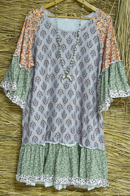Floral Splicing Lace Boho Print T-Shirt Dress