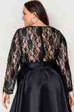 Black Plus Size Sheer Lace Splice High Low Satin Dress