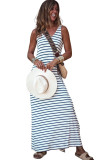 Blue Striped V Neck Sleeveless Maxi Dress
