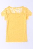 Yellow Lace Crochet Short Sleeve U Neck T Shirt