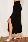 Black Smocked High Waist Maxi Skirt with Slit