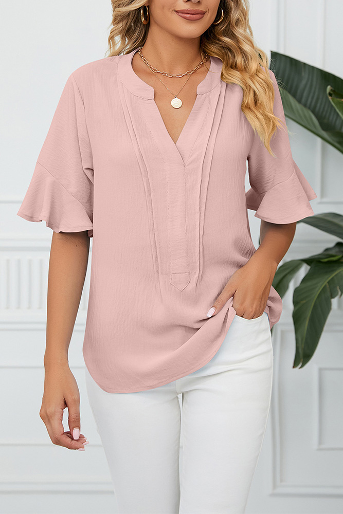 Snyder Plain Ruffles US$ 16.20 - Plain V Neck Ruffles Flare Sleeves Top - www.unishe.com
