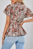 Frilled V Neck Buttoned Floral Blouse