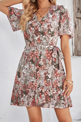 Wrap V Neck Side Sash Vintage Floral Dress