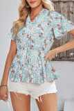 Frilled V Neck Buttoned Floral Blouse