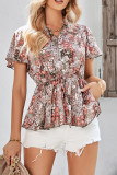 Frilled V Neck Buttoned Floral Blouse