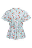 Frilled V Neck Buttoned Floral Blouse