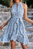 Twisted High Collar Hollow Out Sleeveless Floral Dress