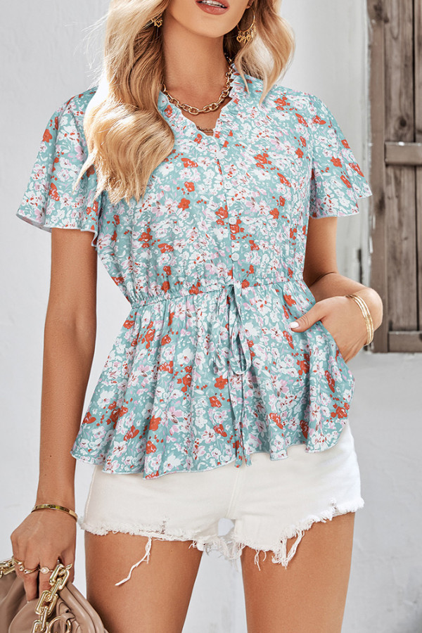 Frilled V Neck Buttoned Floral Blouse