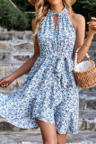 Twisted High Collar Hollow Out Sleeveless Floral Dress