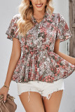 Frilled V Neck Buttoned Floral Blouse