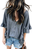 Gray Ruffled Half Sleeve Buttoned Loose T Shirt