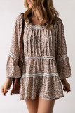Beige Floral Hollowed Lace Trim Loose Tunic Top