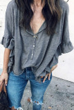 Gray Ruffled Half Sleeve Buttoned Loose T Shirt