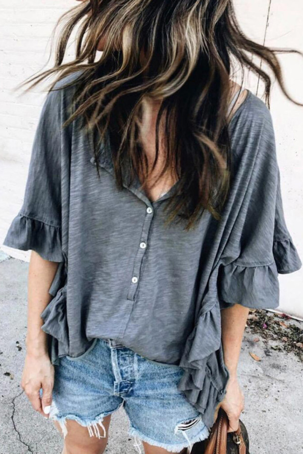 Gray Ruffled Half Sleeve Buttoned Loose T Shirt