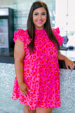 Rose Leopard Print Frilled Sleeveless Plus Size Mini Dress
