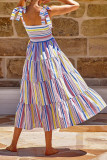 Colorful Stripes Splicing Tiered Sling Dress 