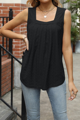 Square Neck Sleeveless Plain Hollow Out Tank Top 