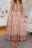 V Neck Buttoned Drawstring Bohemian Print Maxi Dress