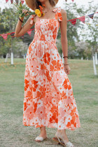 Orange Floral Tie Strap Smocked Maxi Dress