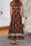 V Neck Buttoned Drawstring Bohemian Print Maxi Dress