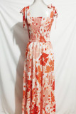 Orange Floral Tie Strap Smocked Maxi Dress