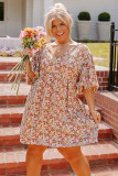 Multicolor Plus Size Floral Print Puff Sleeves Dress