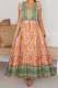 V Neck Buttoned Drawstring Bohemian Print Maxi Dress
