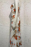 White Floral V Neck Side Ruched Backless Cami Dress