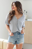 Gray Waffle Knit Patchwork Buttoned Short Sleeve Top