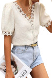 White Lace Jacquard Short Sleeve V Neck Casual Shirt