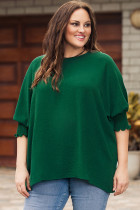 Green Crinkle Texture Puff Sleeve Plus Size Top