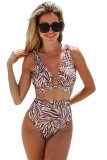 Brown Zebra Print O Ring Decor High Waist Bikini Swimsuit