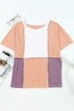 Orange Colorblock Stitching Short Sleeve Rib Knit Top