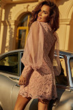 Pink Floral Lace Crochet Sheer Puff Sleeve Mini Dress