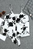 White Floral Shading Print Button Tie Front Tank Top