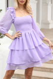Square Neck Puff Sleeves Tiered Ruffle Dress 