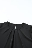 Black Solid Pleated Keyhole Short Sleeve T Shirt