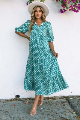 Green Boho Printed Half Bubble Sleeve Dress