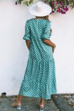 Green Boho Printed Half Bubble Sleeve Dress