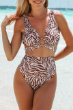 Brown Zebra Print O Ring Decor High Waist Bikini Swimsuit