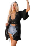 Black Lace Crochet Ruffled Bell Cuffs Beach Cover-up with Tie