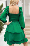 Square Neck Puff Sleeves Tiered Ruffle Dress 