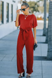 Red Belted Wide Leg Jumpsuit